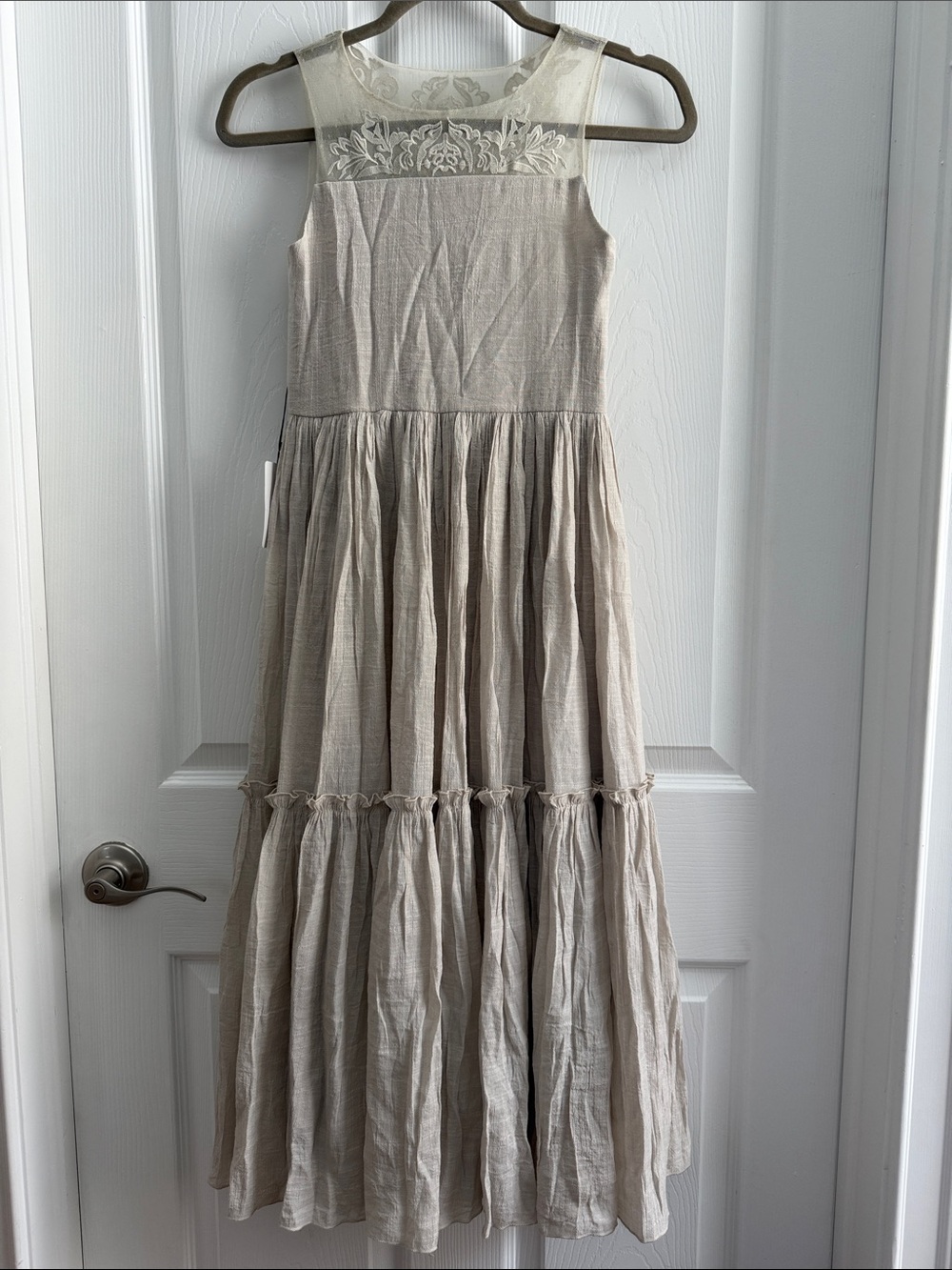 Joyfolie Sleeveless Lace-Yoke Maxi Dress in Cream